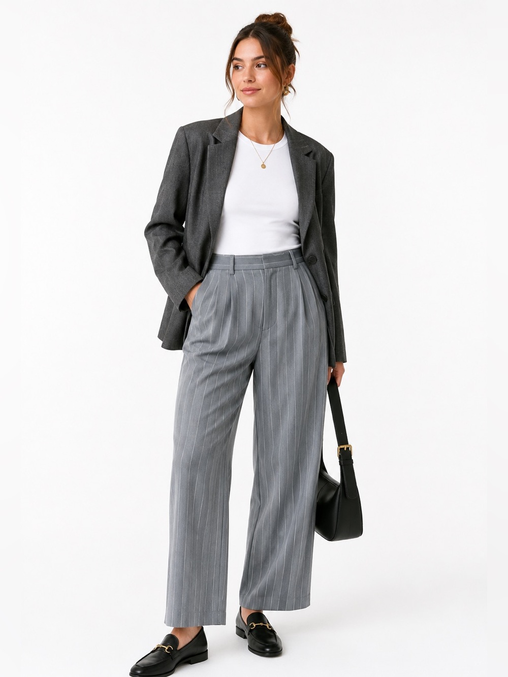 Haven + Blair Blue/Grey Pinstripe Pleated Wide Leg Trousers L